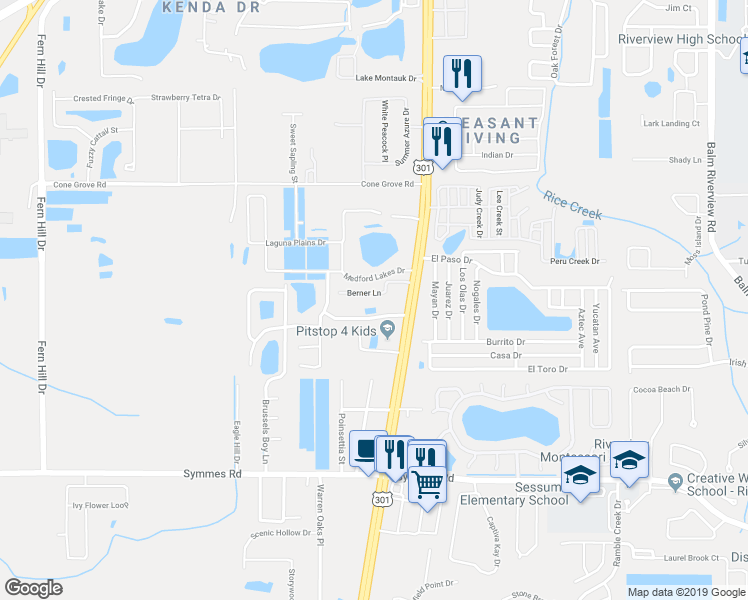 map of restaurants, bars, coffee shops, grocery stores, and more near 10621 Berner Lane in Riverview