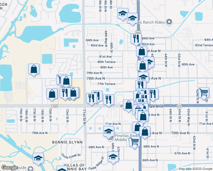map of restaurants, bars, coffee shops, grocery stores, and more near 6850 77th Terrace in Pinellas Park