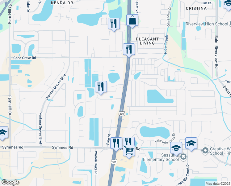 map of restaurants, bars, coffee shops, grocery stores, and more near 10621 Berner Lane in Riverview