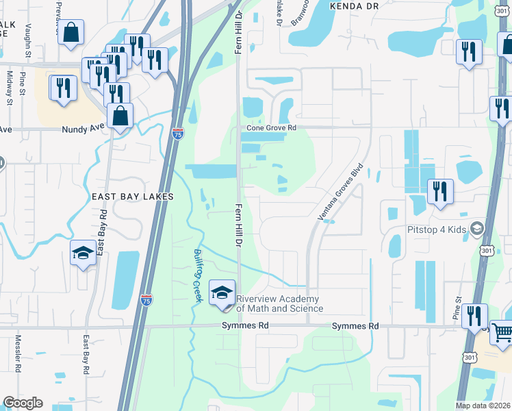 map of restaurants, bars, coffee shops, grocery stores, and more near 11009 Rosso Della Street in Riverview