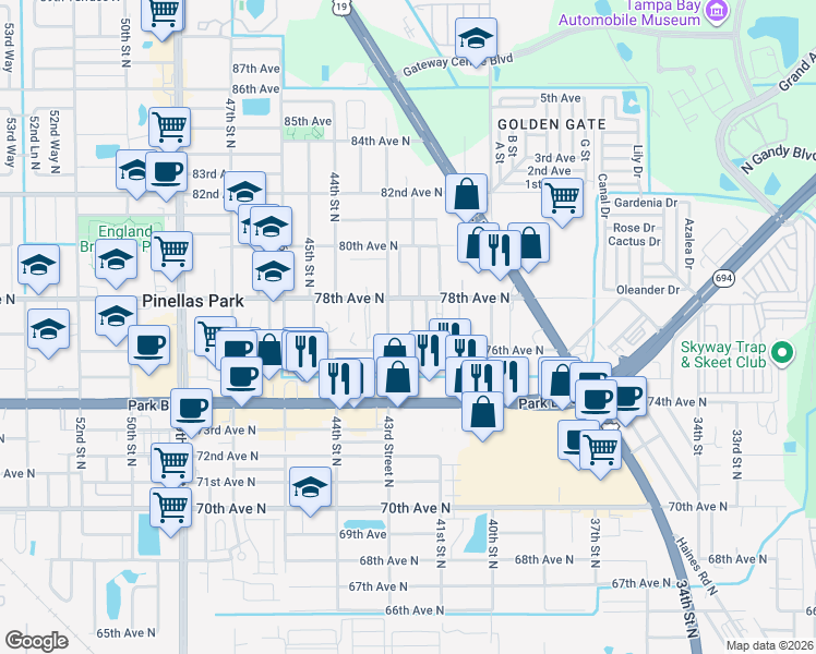 map of restaurants, bars, coffee shops, grocery stores, and more near 7696 42nd Lane North in Pinellas Park