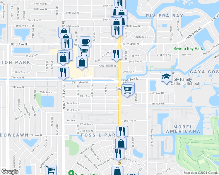 map of restaurants, bars, coffee shops, grocery stores, and more near 439 76th Avenue North in St. Petersburg