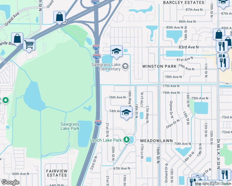map of restaurants, bars, coffee shops, grocery stores, and more near 1901 76th Avenue North in St. Petersburg
