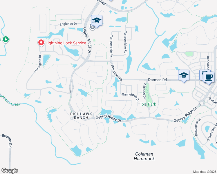 map of restaurants, bars, coffee shops, grocery stores, and more near 6052 Sandhill Ridge Drive in Lithia