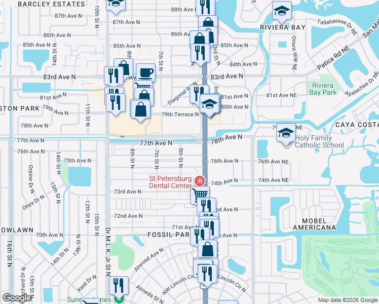 map of restaurants, bars, coffee shops, grocery stores, and more near 439 76th Avenue North in St. Petersburg