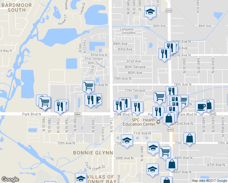 map of restaurants, bars, coffee shops, grocery stores, and more near 7737 Belcher Road North in Pinellas Park