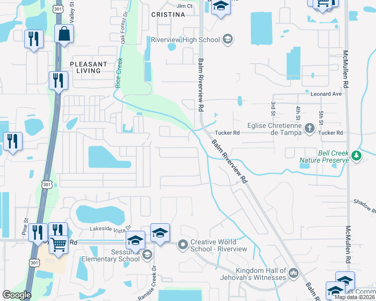 map of restaurants, bars, coffee shops, grocery stores, and more near 10931 Pond Pine Drive in Riverview