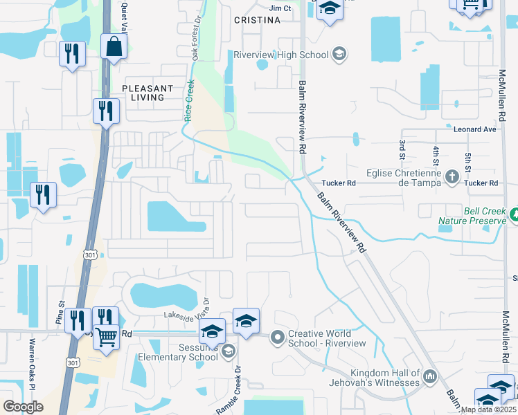 map of restaurants, bars, coffee shops, grocery stores, and more near 10915 Pond Pine Drive in Riverview