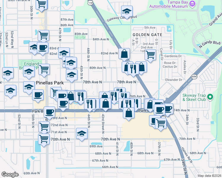 map of restaurants, bars, coffee shops, grocery stores, and more near 4150 78th Avenue North in Pinellas Park