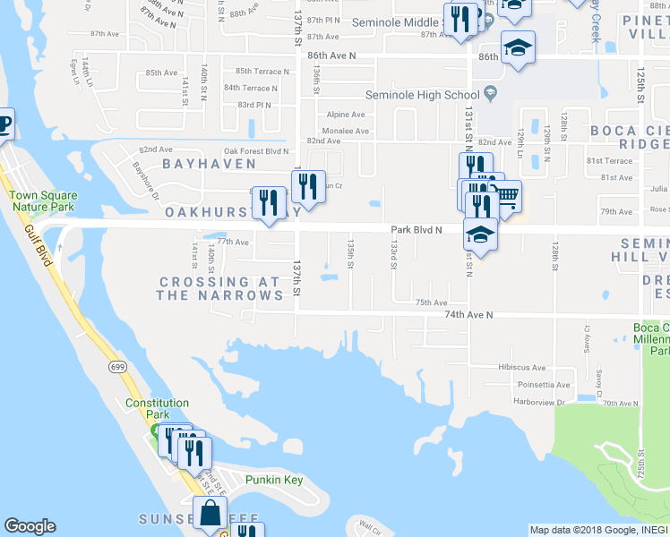 map of restaurants, bars, coffee shops, grocery stores, and more near 13588 Park Blvd in Seminole