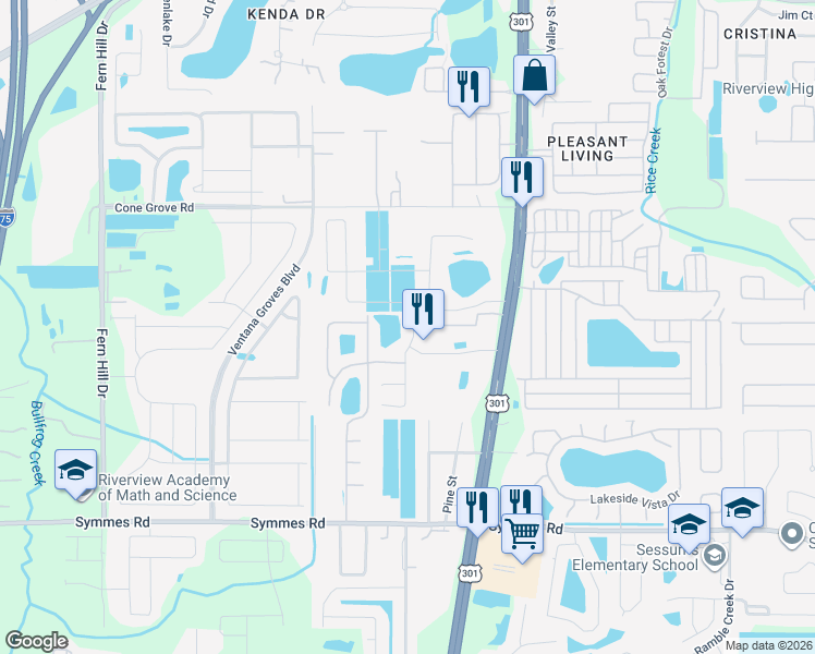map of restaurants, bars, coffee shops, grocery stores, and more near 11015 Rising Mist Boulevard in Riverview
