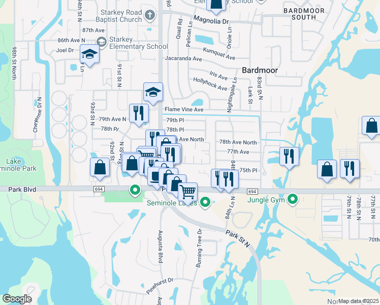 map of restaurants, bars, coffee shops, grocery stores, and more near 7701 Starkey Road in Seminole