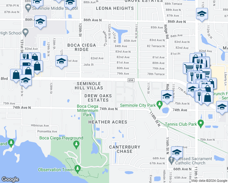 map of restaurants, bars, coffee shops, grocery stores, and more near 7669 Barry Court in Seminole