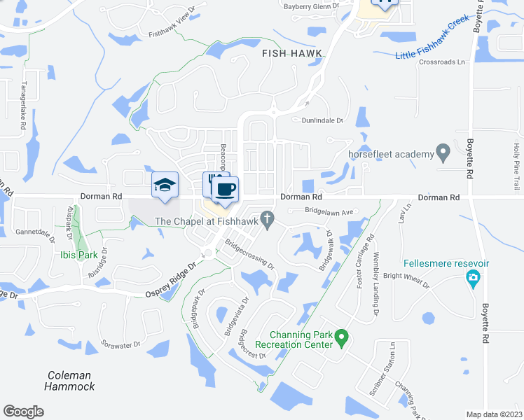 map of restaurants, bars, coffee shops, grocery stores, and more near 16238 Bridgewalk Drive in Lithia