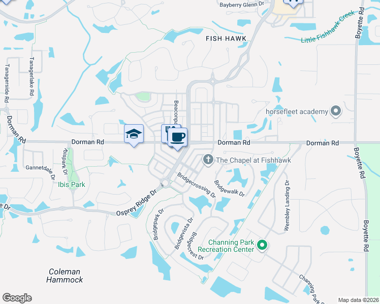 map of restaurants, bars, coffee shops, grocery stores, and more near 16215 Bridgewalk Drive in Lithia