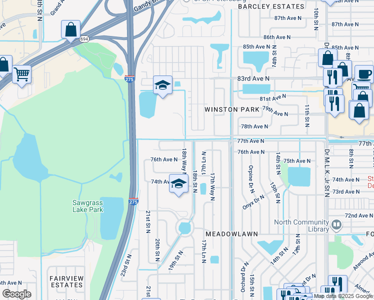 map of restaurants, bars, coffee shops, grocery stores, and more near 7617 18th Way North in St. Petersburg