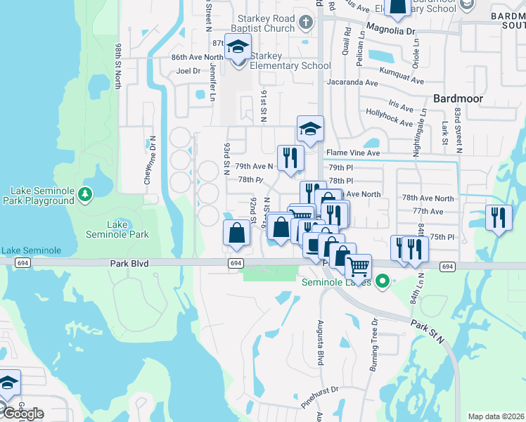 map of restaurants, bars, coffee shops, grocery stores, and more near 7635 91st Street North in Seminole