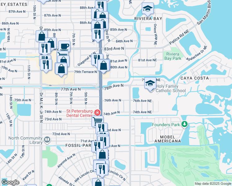 map of restaurants, bars, coffee shops, grocery stores, and more near 86 Access Road in St. Petersburg