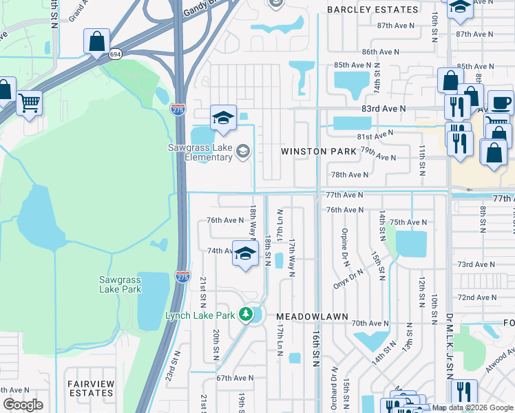 map of restaurants, bars, coffee shops, grocery stores, and more near 7617 18th Way North in St. Petersburg