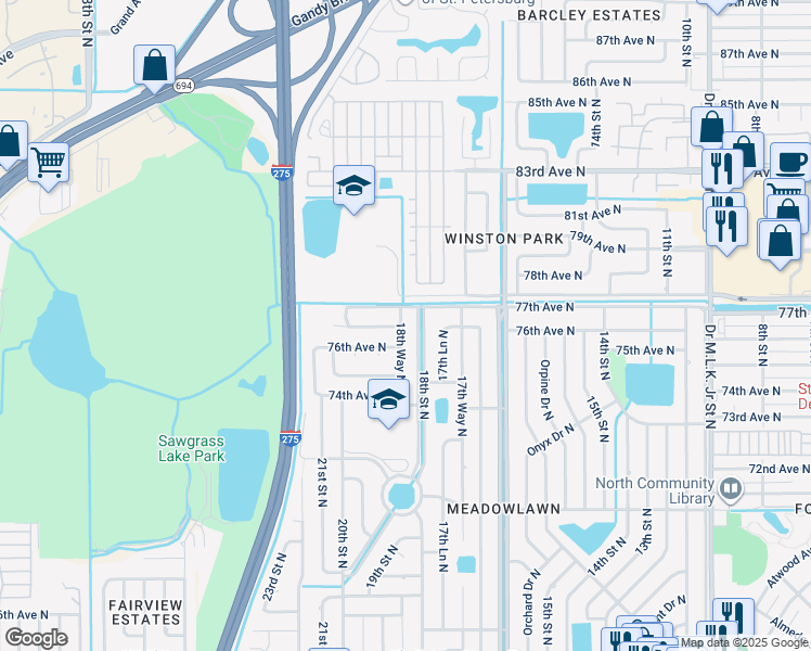 map of restaurants, bars, coffee shops, grocery stores, and more near 7617 18th Way North in St. Petersburg