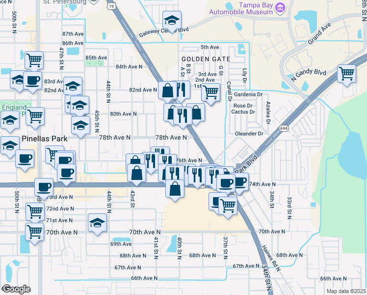 map of restaurants, bars, coffee shops, grocery stores, and more near 7621 40th Street North in Pinellas Park