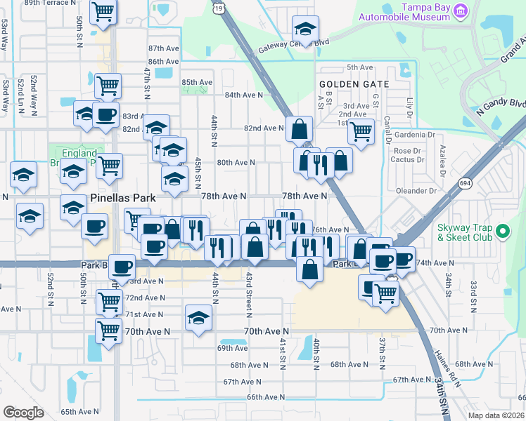 map of restaurants, bars, coffee shops, grocery stores, and more near 4150 78th Avenue North in Pinellas Park