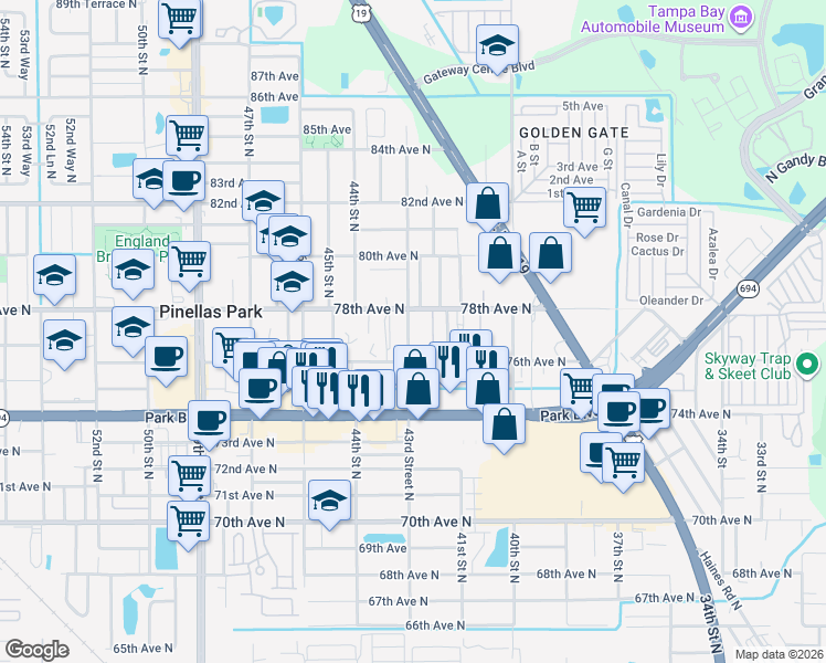 map of restaurants, bars, coffee shops, grocery stores, and more near 7630 43rd Street in Pinellas Park