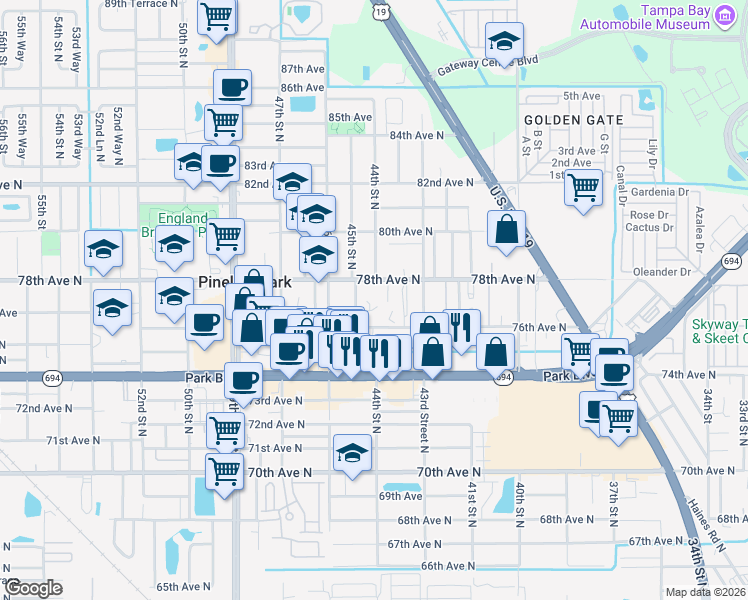 map of restaurants, bars, coffee shops, grocery stores, and more near 4370 76th Terrace North in Pinellas Park