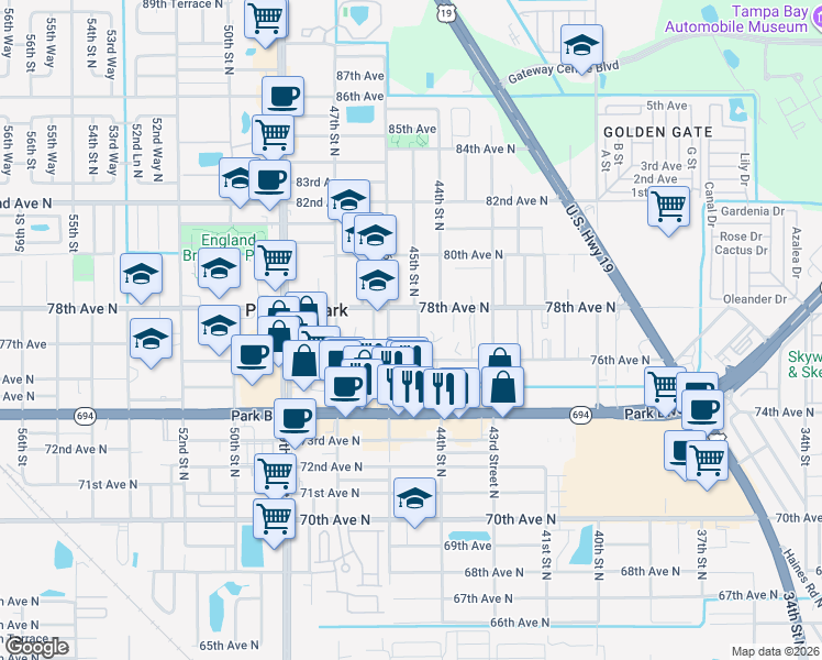 map of restaurants, bars, coffee shops, grocery stores, and more near 7650 45th Street North in Pinellas Park