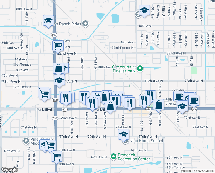 map of restaurants, bars, coffee shops, grocery stores, and more near 7681 62nd Way North in Pinellas Park