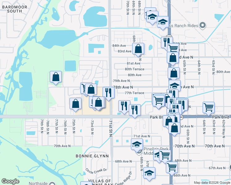 map of restaurants, bars, coffee shops, grocery stores, and more near 6992 77th Terrace in Pinellas Park