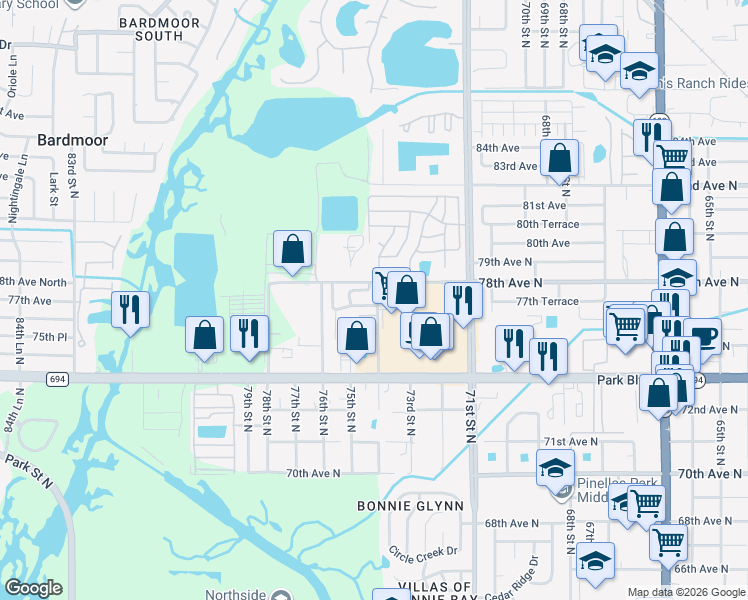 map of restaurants, bars, coffee shops, grocery stores, and more near 7450 77th Avenue North in Pinellas Park