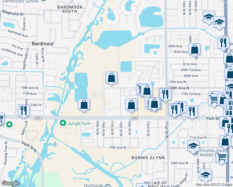 map of restaurants, bars, coffee shops, grocery stores, and more near 7600 78th Avenue North in Pinellas Park