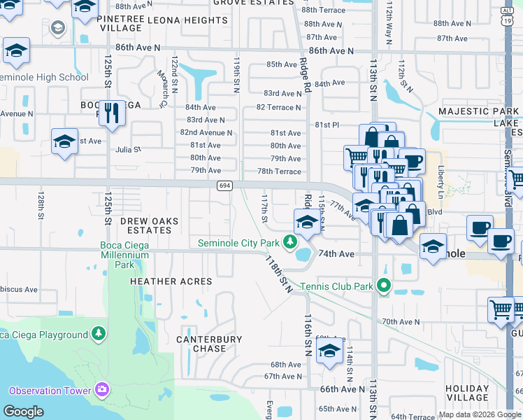 map of restaurants, bars, coffee shops, grocery stores, and more near 11877 74th Avenue in Seminole
