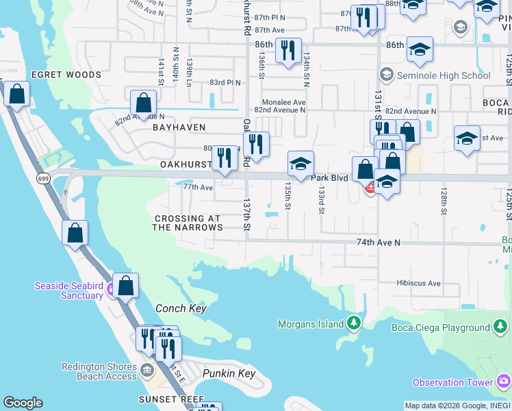 map of restaurants, bars, coffee shops, grocery stores, and more near 13601 74th Avenue North in Seminole