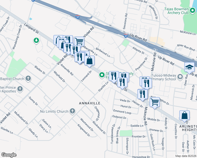 map of restaurants, bars, coffee shops, grocery stores, and more near 4341 Starlite Lane in Corpus Christi