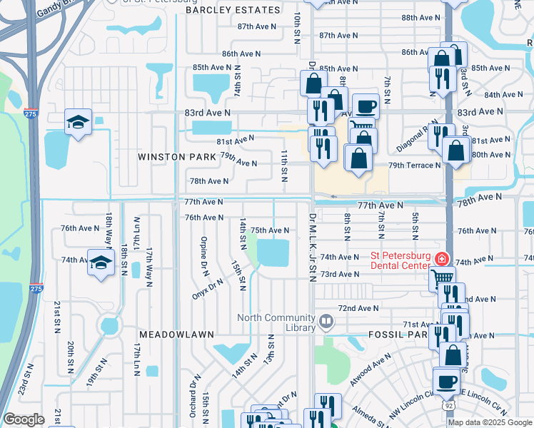 map of restaurants, bars, coffee shops, grocery stores, and more near 1191 76th Avenue North in Saint Petersburg