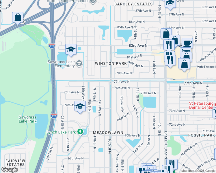 map of restaurants, bars, coffee shops, grocery stores, and more near 7571 17th Street North in St. Petersburg