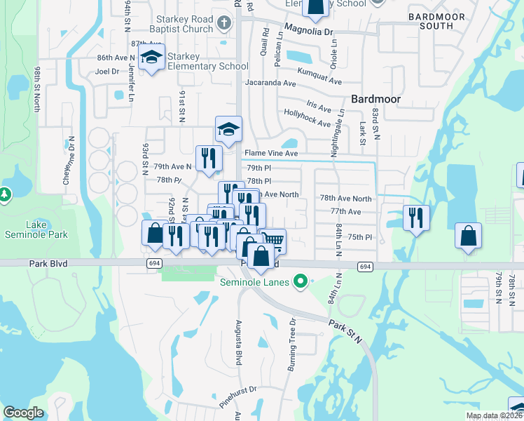 map of restaurants, bars, coffee shops, grocery stores, and more near 7673 Starkey Road in Seminole