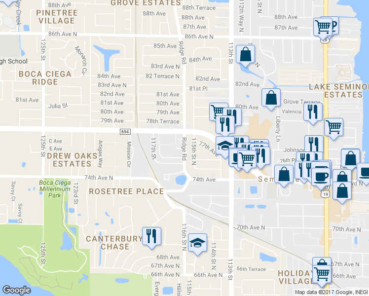 map of restaurants, bars, coffee shops, grocery stores, and more near 7602 76th Avenue North in Seminole