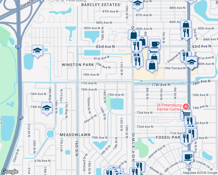 map of restaurants, bars, coffee shops, grocery stores, and more near 1229 75th Avenue North in St. Petersburg