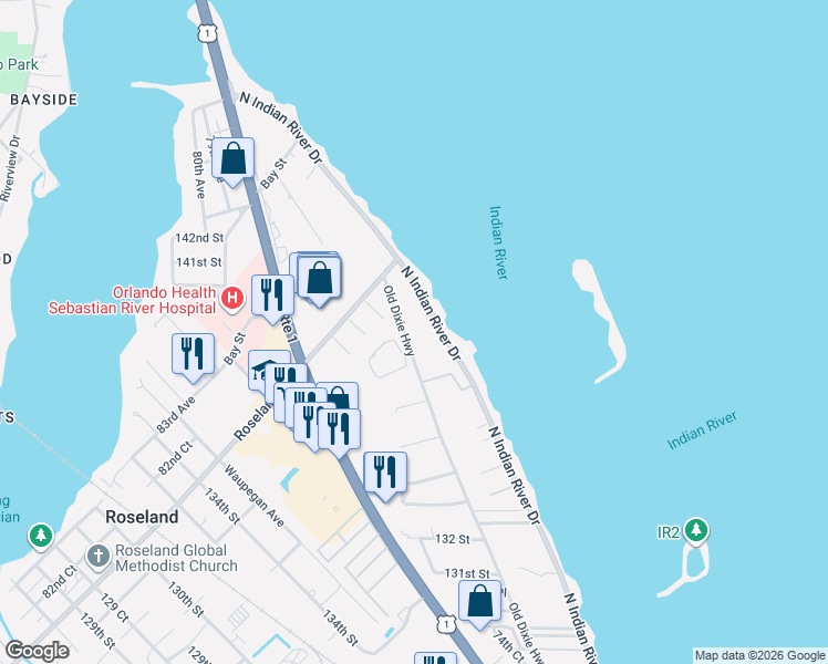 map of restaurants, bars, coffee shops, grocery stores, and more near 13580 Old Dixie Highway in Sebastian
