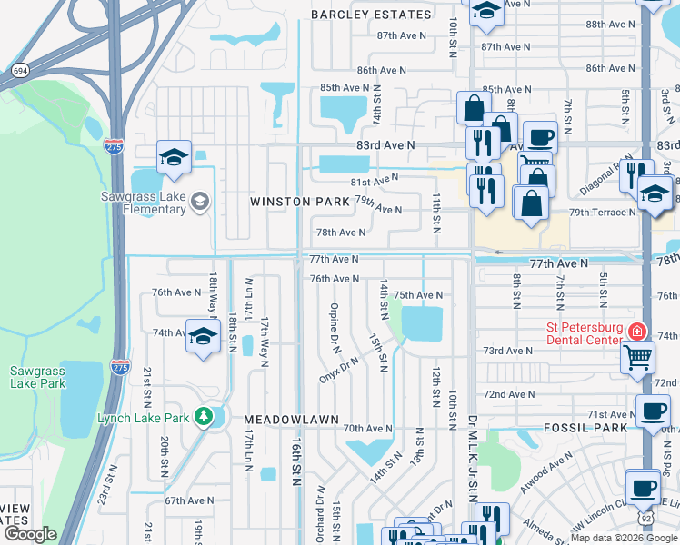 map of restaurants, bars, coffee shops, grocery stores, and more near 7574 Organdy Drive North in St. Petersburg