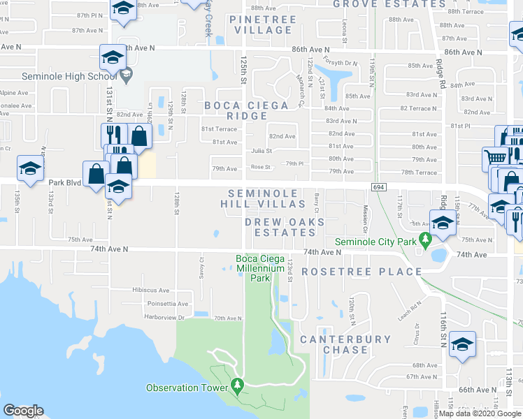 map of restaurants, bars, coffee shops, grocery stores, and more near 7496 Drew Oaks Drive in Seminole