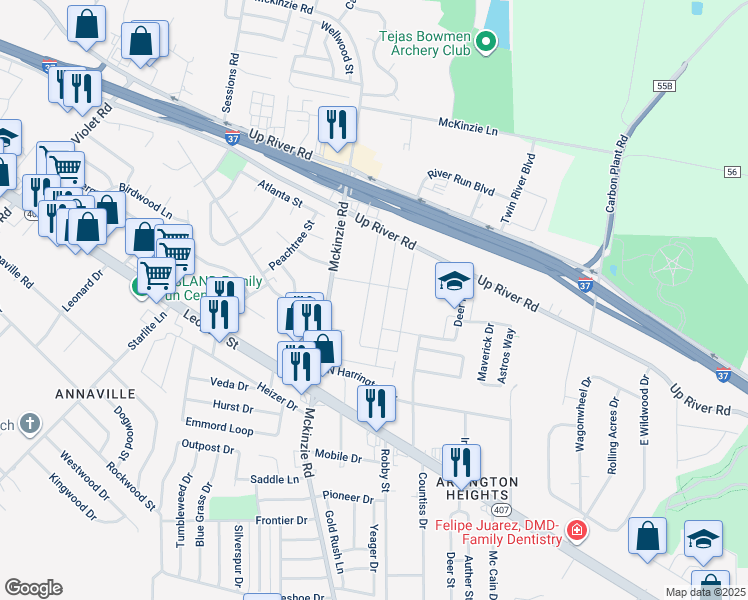 map of restaurants, bars, coffee shops, grocery stores, and more near 3210 Wood Creek Drive in Corpus Christi