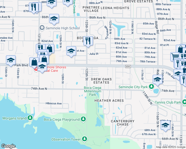 map of restaurants, bars, coffee shops, grocery stores, and more near 7496 Drew Oaks Drive in Seminole