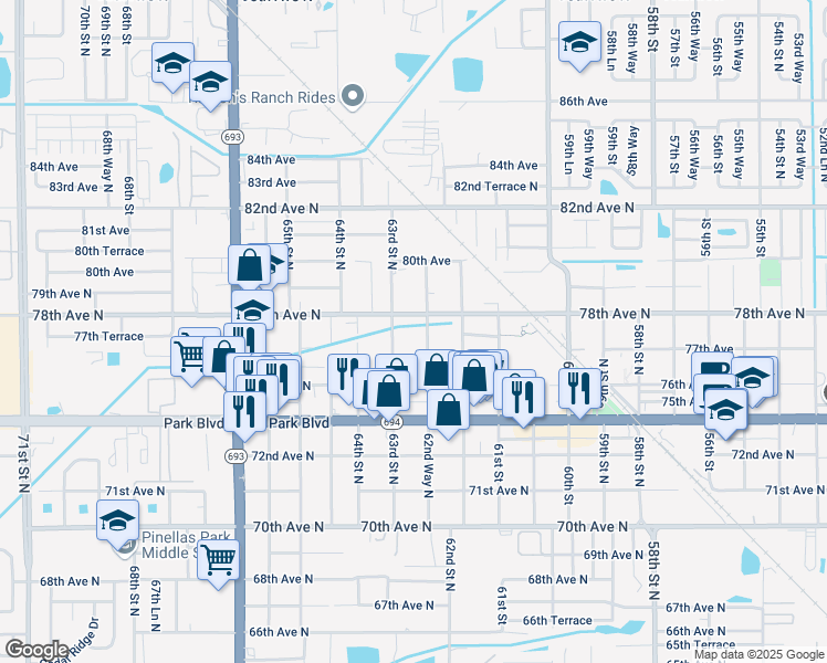 map of restaurants, bars, coffee shops, grocery stores, and more near 7689 63rd Street in Pinellas Park