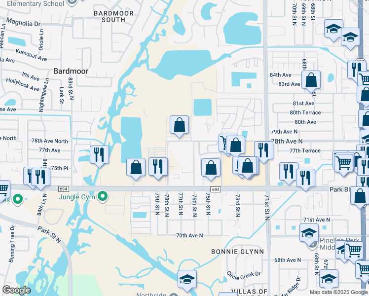map of restaurants, bars, coffee shops, grocery stores, and more near 7600 78th Avenue North in Pinellas Park