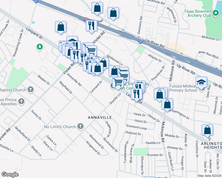 map of restaurants, bars, coffee shops, grocery stores, and more near 10910 Leopard Street in Corpus Christi
