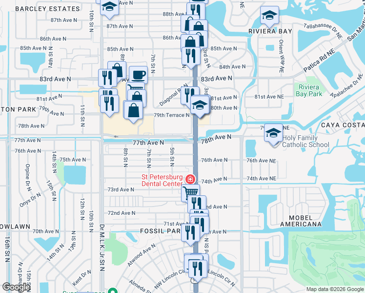 map of restaurants, bars, coffee shops, grocery stores, and more near 15727 77th Avenue North in St. Petersburg